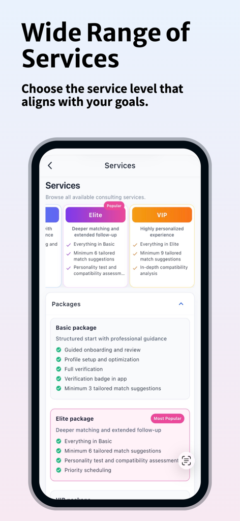 Marriage4Life 앱 인터페이스가 엘리트 및 기본 결혼 상담 서비스 패키지를 보여줍니다