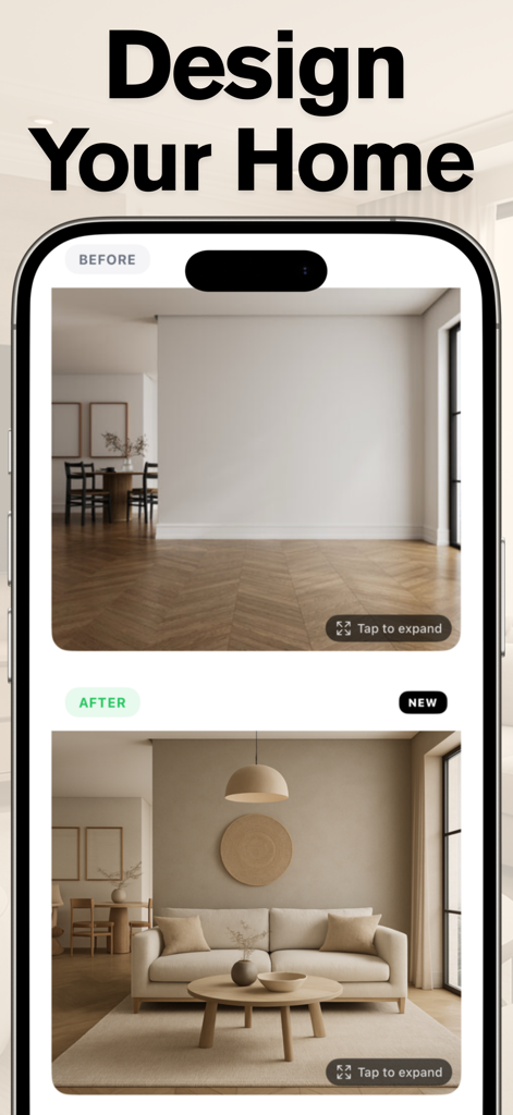 Before and after comparison of a living room redecorated with AI