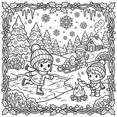 Immerse yourself in a charming winter scene where cute cartoon characters enjoy classic snowy activities. This delightful coloring page captures the joy of ice skating, building snow creatures, and warming up by a campfire.
