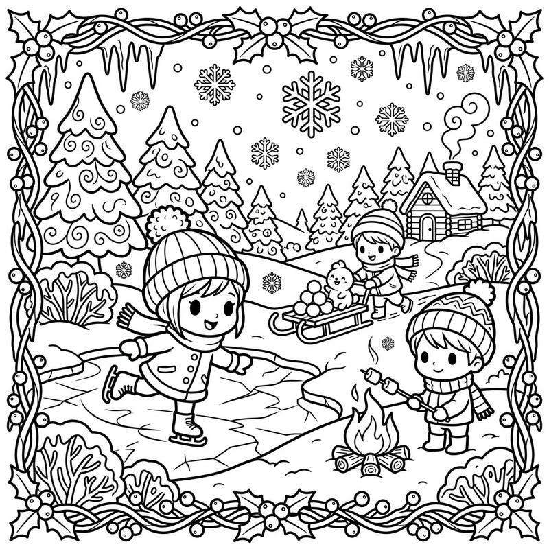 Immerse yourself in a charming winter scene where cute cartoon characters enjoy classic snowy activities. This delightful coloring page captures the joy of ice skating, building snow creatures, and warming up by a campfire.