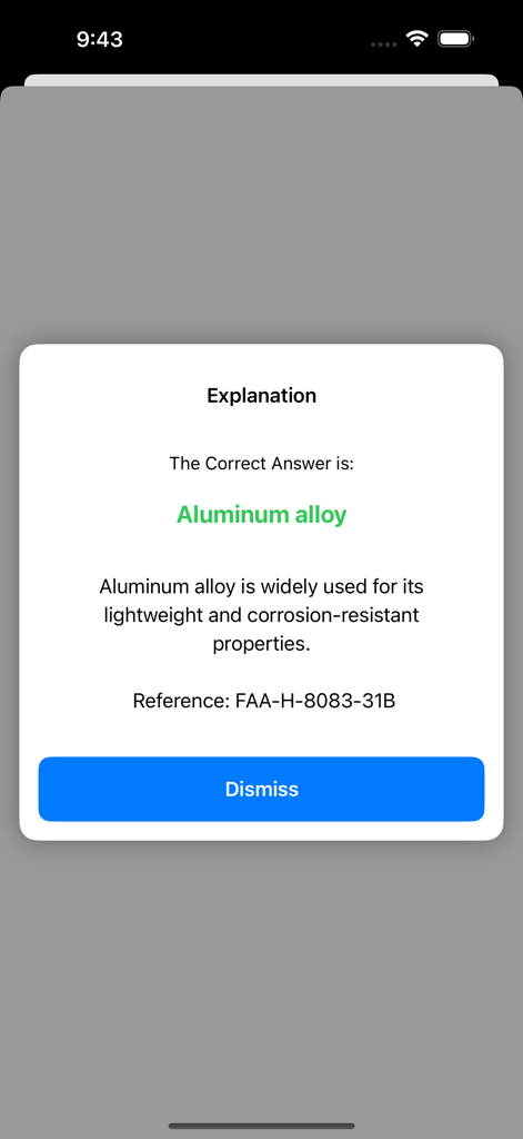 Prepare Aviation Maintenance - Prepare Aviation Maintenanceアプリ内の説明ポップアップ。FAA試験問題の正解と参照が表示されています。