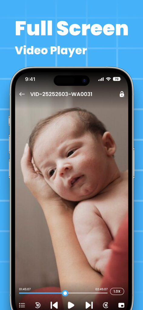 Interfaz de reproductor de video HD a pantalla completa en un iPhone que muestra un video con controles de reproducción y velocidad.