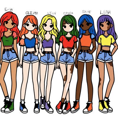 a group of girls wearing crop tops and shorts