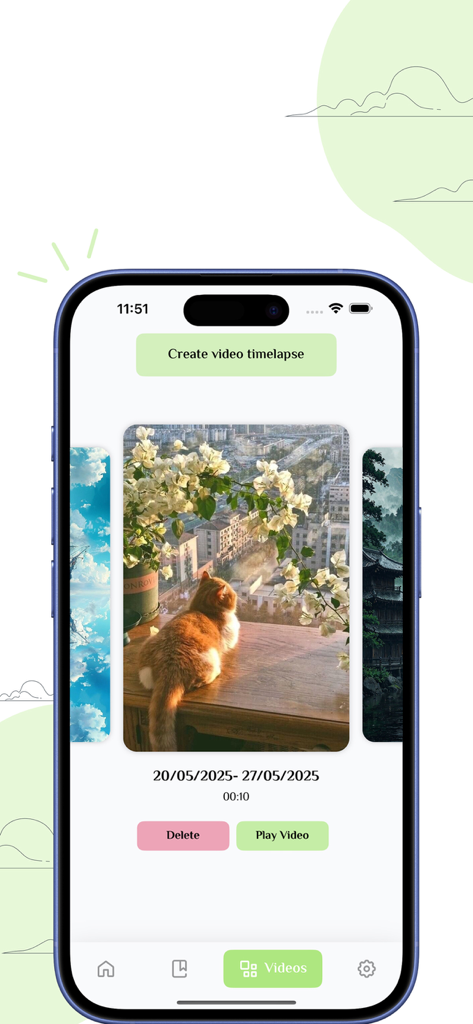 Una captura de pantalla de la aplicación TaeOnHer que muestra la galería de time-lapse de video con un botón para crear nuevos videos a partir de fotos diarias.
