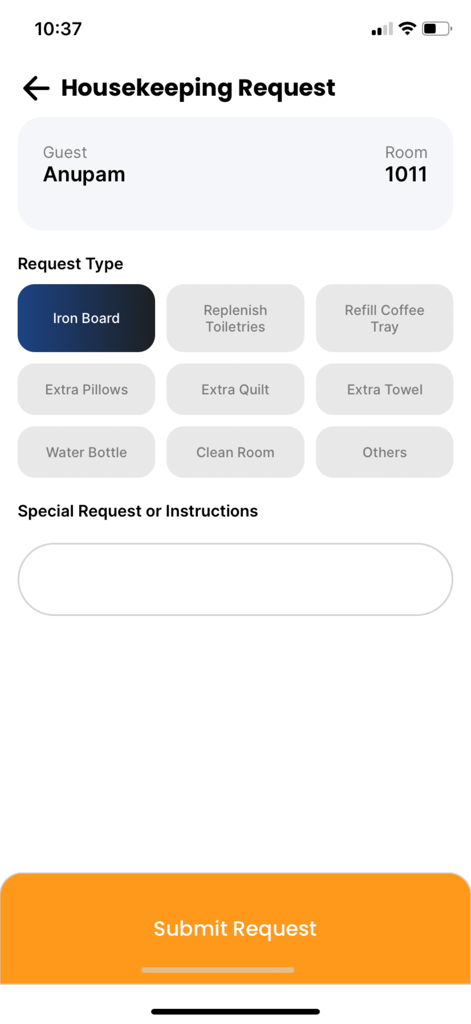 Midaz - Pantalla de la aplicación Midaz para enviar solicitudes de limpieza como tabla de planchar y toallas adicionales