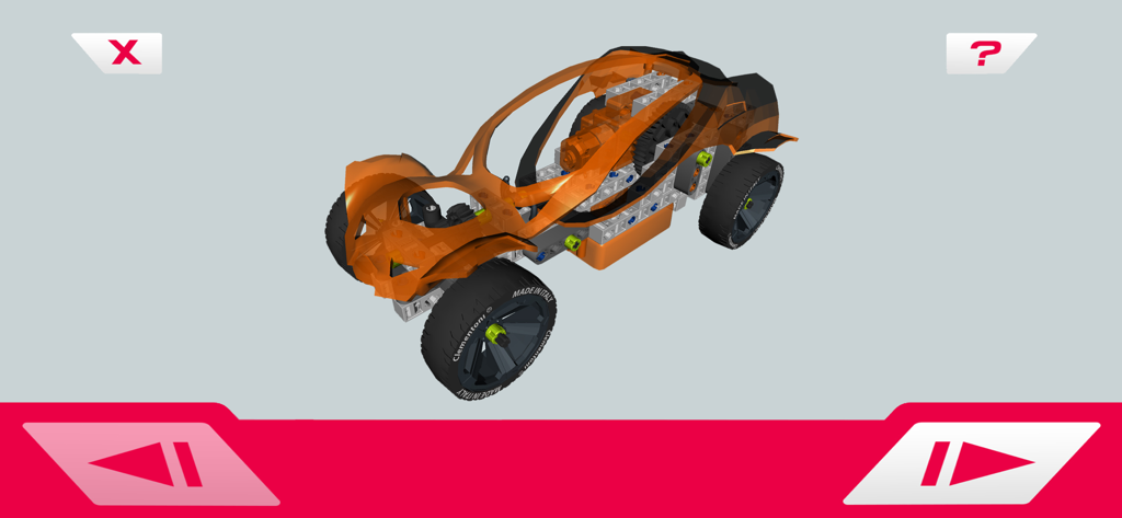 SCIENCE & PLAY BUILD - 3D interactive instructions showing an orange buggy model assembly in the Science and Play Build app
