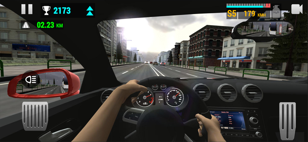 First person cockpit view of a car driving through city traffic in Racing Limits