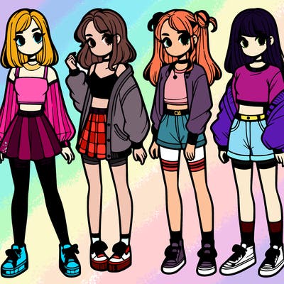 one girl with crop-top shirt and a jacket with a skirt, long socks and another girl with a shirt and pants with a jacket