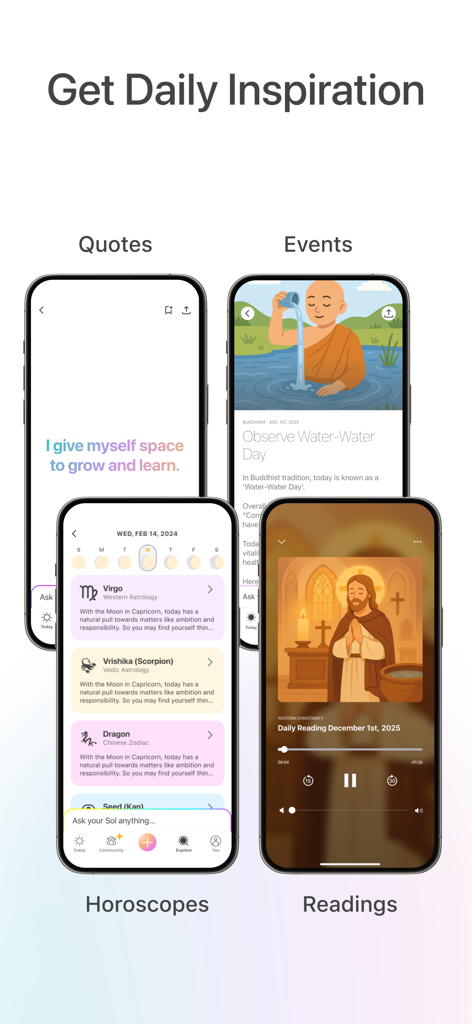 Sol - Grow Your Inner Light - Four smartphone screens displaying the Sol app features for quotes, spiritual events, horoscopes, and daily readings.