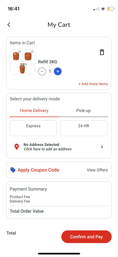 EasyGas Kenya shopping cart screen showing a 3kg gas refill with delivery and payment options
