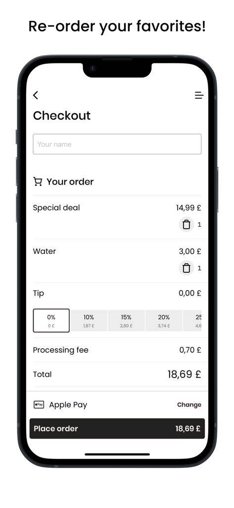 Freshly Chopped app checkout screen showing an order summary with Apple Pay as the payment method