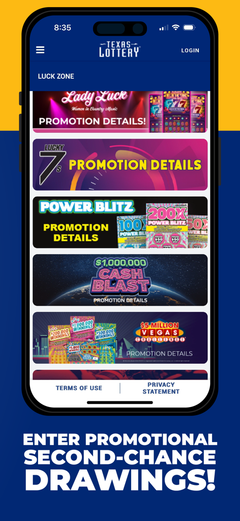 Texas Lottery Official App - 다양한 프로모션 재당첨 추첨을 보여주는 텍사스 복권 앱 럭 존 화면