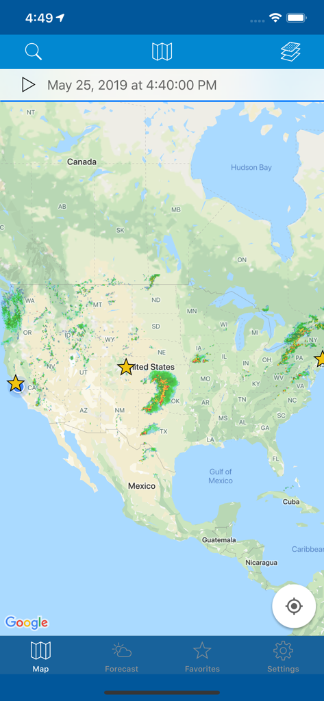 NOAA Weather & Tides - A weather radar map showing precipitation levels across North America within the NOAA Weather and Tides mobile app