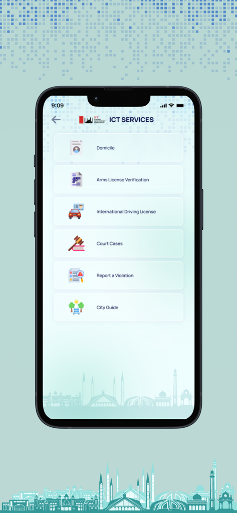 PAK App - Interface de serviços de TIC do aplicativo PAK mostrando opções para verificação de licença de domicílio e licença de condução internacional e casos judiciais