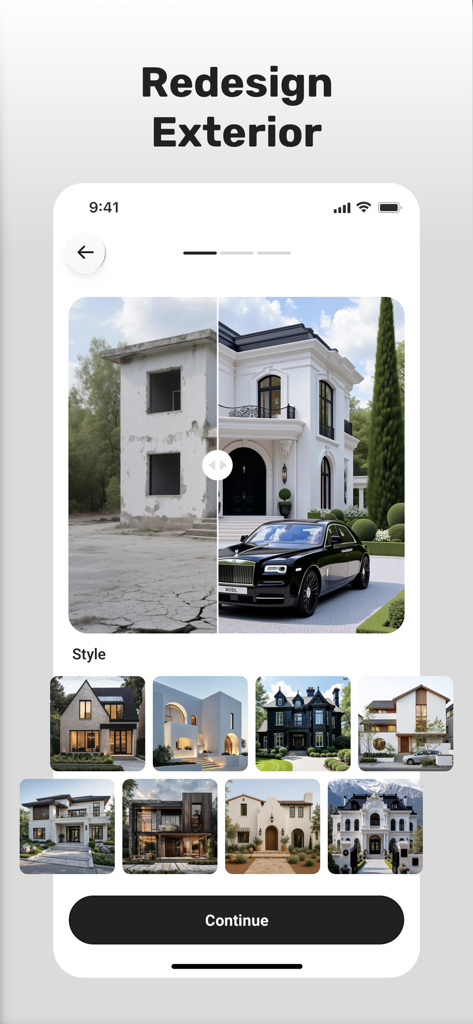AI Home Designer - Interivo - A before and after comparison of a house exterior renovation using AI showing a dilapidated building transformed into a luxury mansion