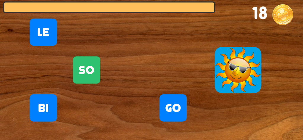 Scrivere con le sillabe Pro - Educational app screen showing Italian syllable tiles and a cartoon sun illustration on a wooden background.