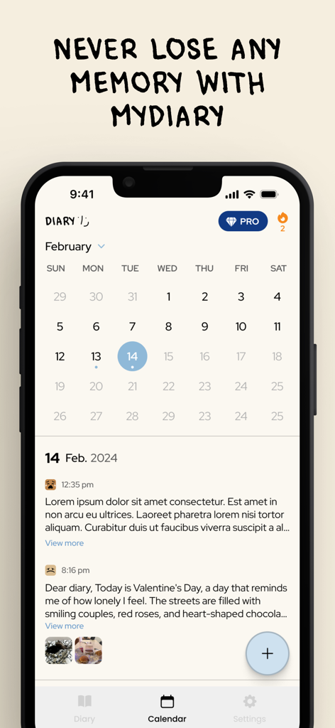 Captura de pantalla de la aplicación móvil Mi Diario que muestra un calendario mensual y entradas de diario personales con texto y fotos.