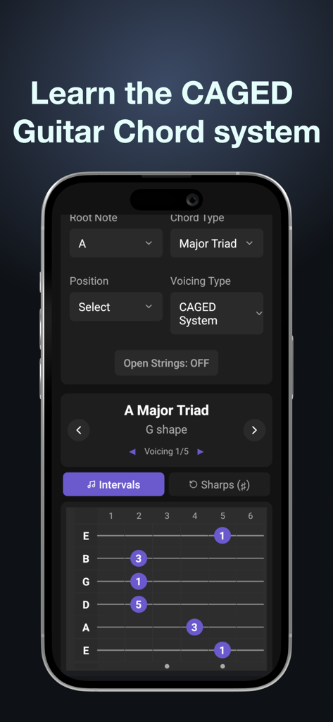 Chordz: Guitar Chord Finder - Guitar fretboard displaying CAGED system chord shapes in the Chordz app