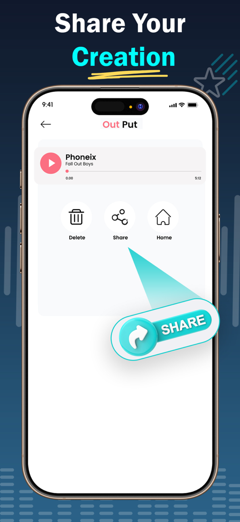 Voice Changer * Sound Effects - Oberfläche einer Voice Changer App, die den Ausgabe-Bildschirm mit einer Share-Schaltfläche zum Senden von Audio-Kreationen an Freunde anzeigt