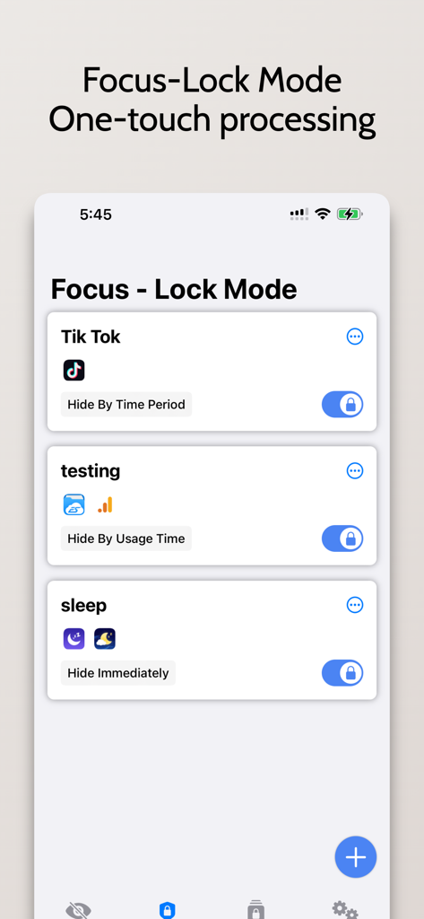 XLocker - Screen Time Control - XLocker app interface showing Focus-Lock Mode with options to hide apps like TikTok and manage sleep settings.