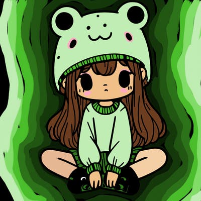 a girl wearing a frog hat and some frog socks