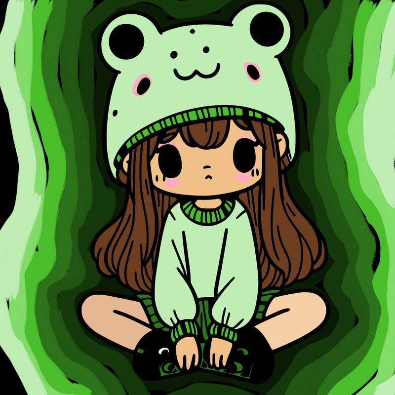 a girl wearing a frog hat and some frog socks