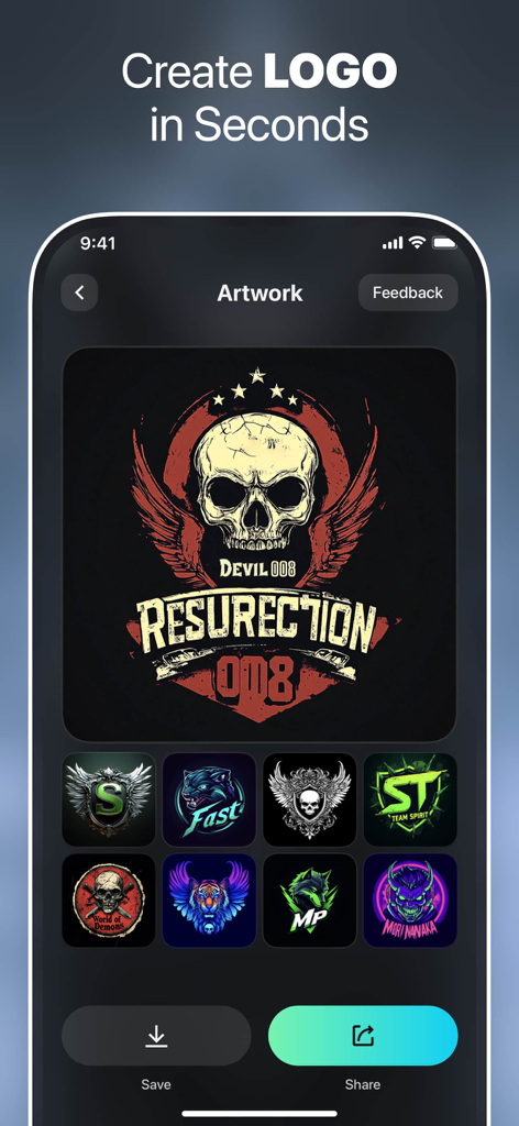 A mobile app interface displaying a skull logo design with various AI-generated branding options for gaming and social media.