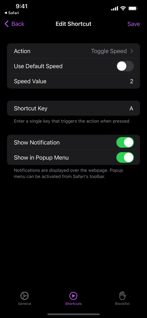 Accelerate for Safari - Interface for customizing video playback shortcuts and speed settings in the Accelerate for Safari app.