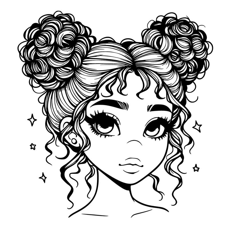 realistic girl with curly space buns