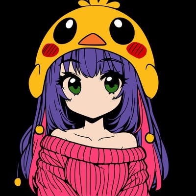 anime girl with chick shaped hat with sweater with bare shoulders with bangs covering them one eye with low tail