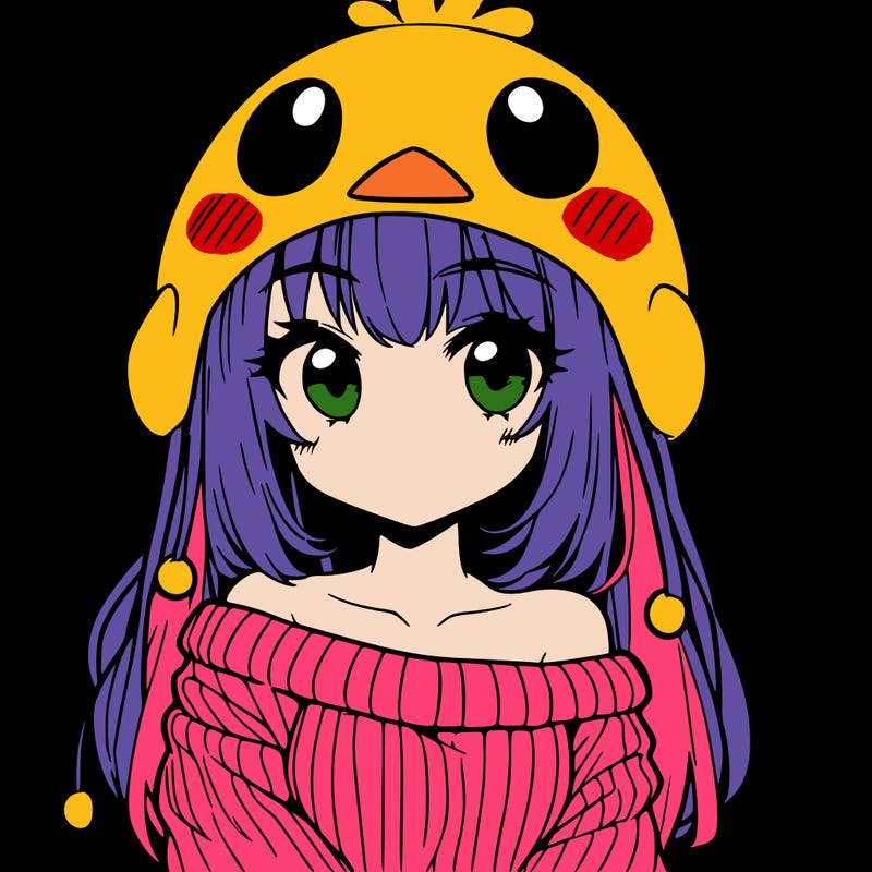 anime girl with chick shaped hat with sweater with bare shoulders with bangs covering them one eye with low tail