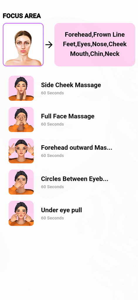 Interface displaying face yoga focus areas and a list of facial massage exercises including side cheek massage and full face massage.