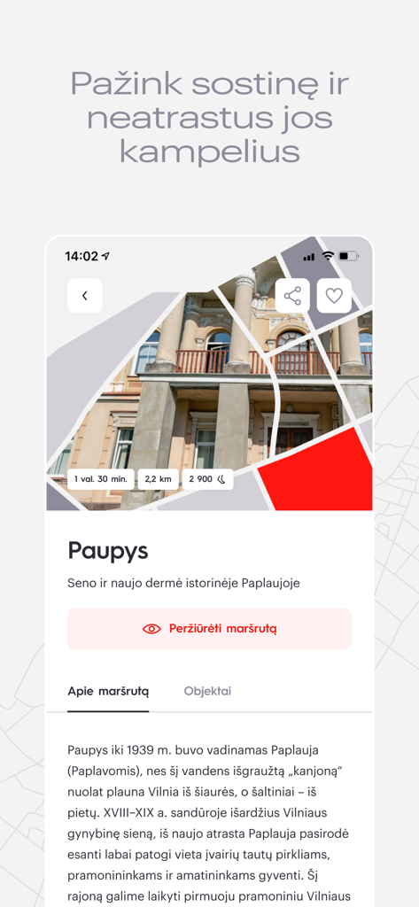Mobile app screen showing a walking route description for the Paupys district in Vilnius with historical details and duration.