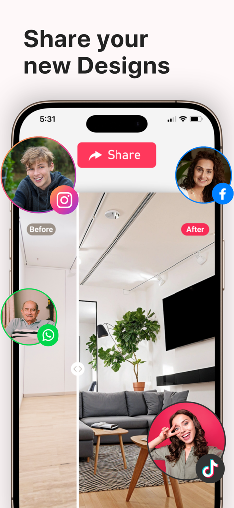 AI Home Design - AI Interior - Interfaz de una aplicación móvil que muestra un botón de compartir y una comparación de antes y después de un salón rediseñado con iconos de redes sociales.
