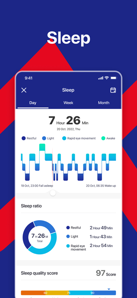 Alpha Smart Watch - Alpha Smart Watch app sleep tracking dashboard displaying sleep stages and quality score
