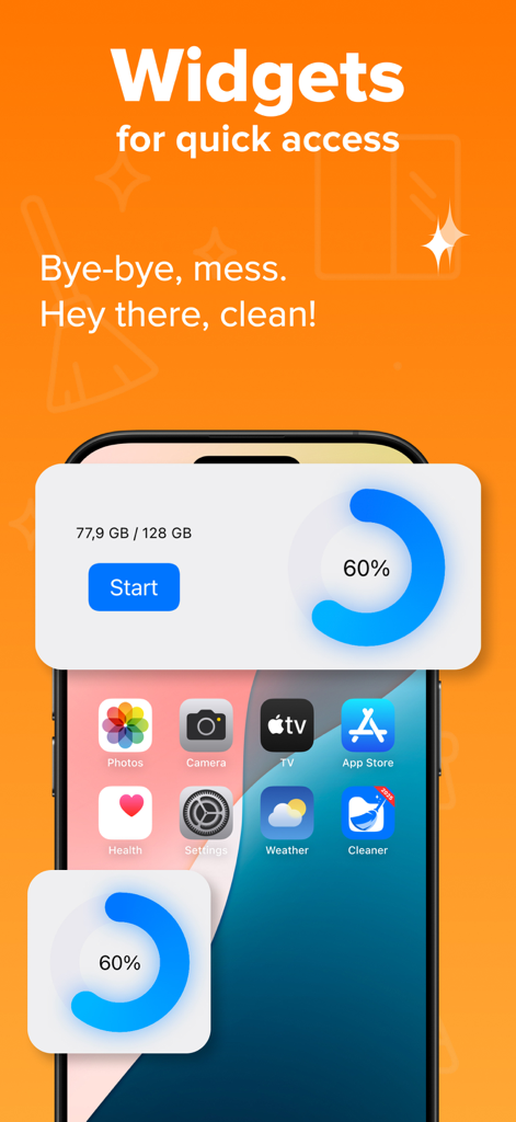 Pantalla de inicio del iPhone mostrando widgets del optimizador de almacenamiento IA para monitorear el espacio en disco y acceso rápido.