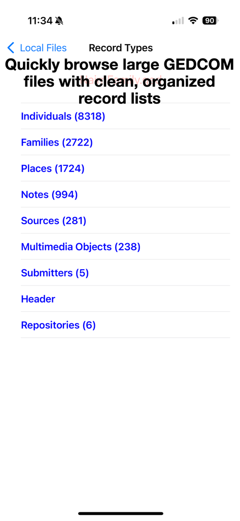 Tela do aplicativo GEDitMobile mostrando uma lista categorizada de tipos de registros de genealogia como indivíduos, famílias e fontes.