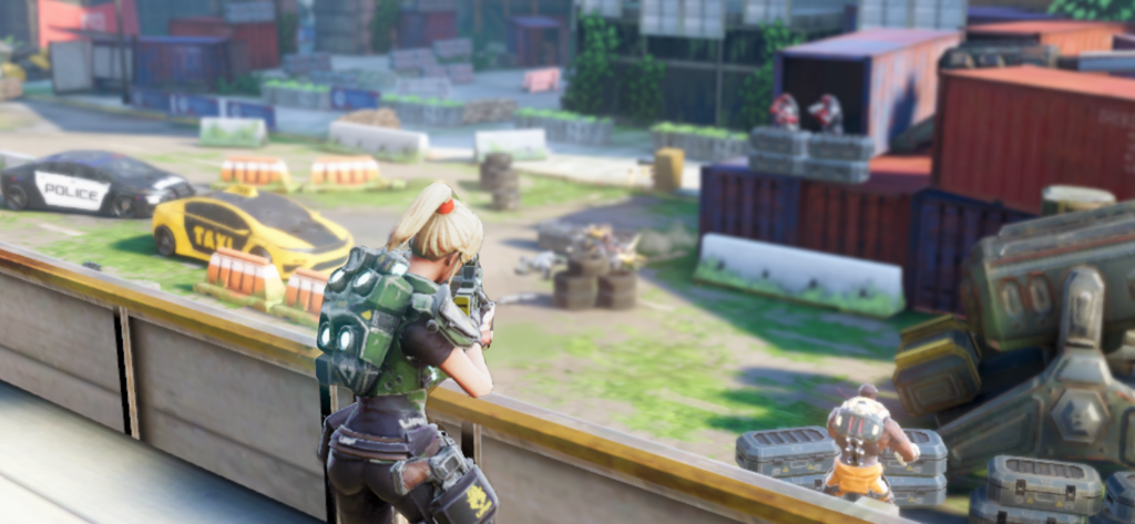 Hero Hunters - 3D Shooter wars - A female hero in tactical gear overlooking an urban battlefield with cars and shipping containers in the 3D shooter Hero Hunters.