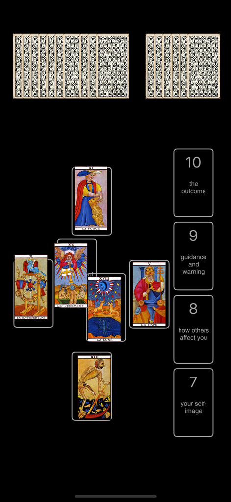 A tarot card reading spread featuring the CBD de Marseilles deck with labeled positions for guidance and outcome