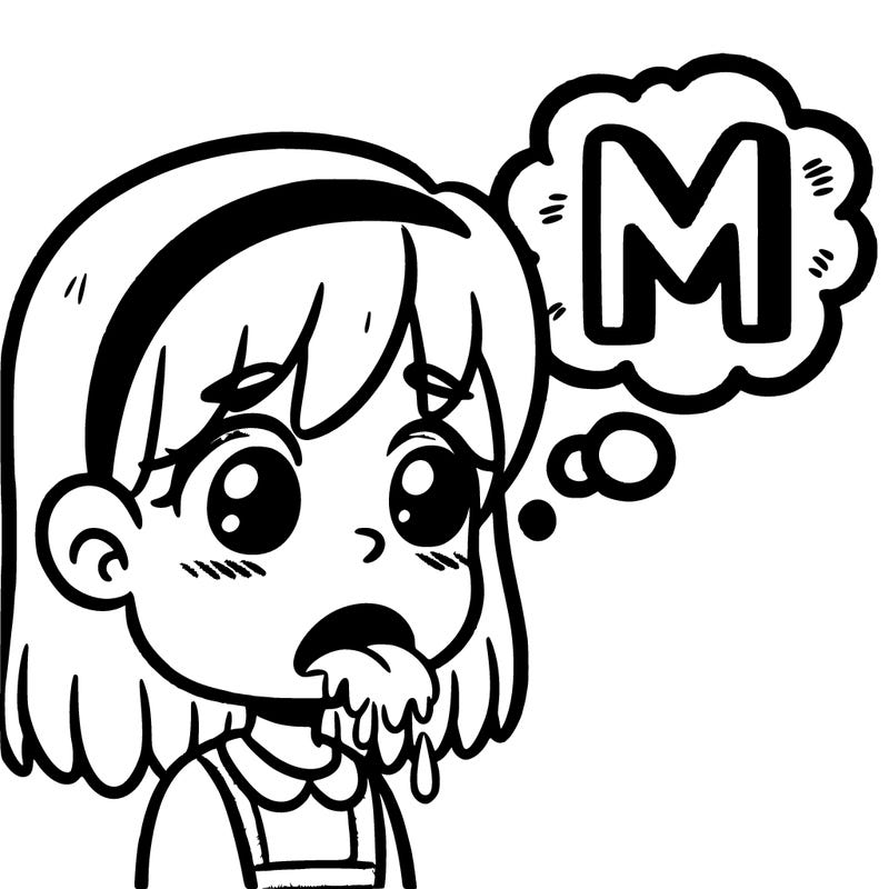 girl drooling with a thinking bubble that has a large m inside