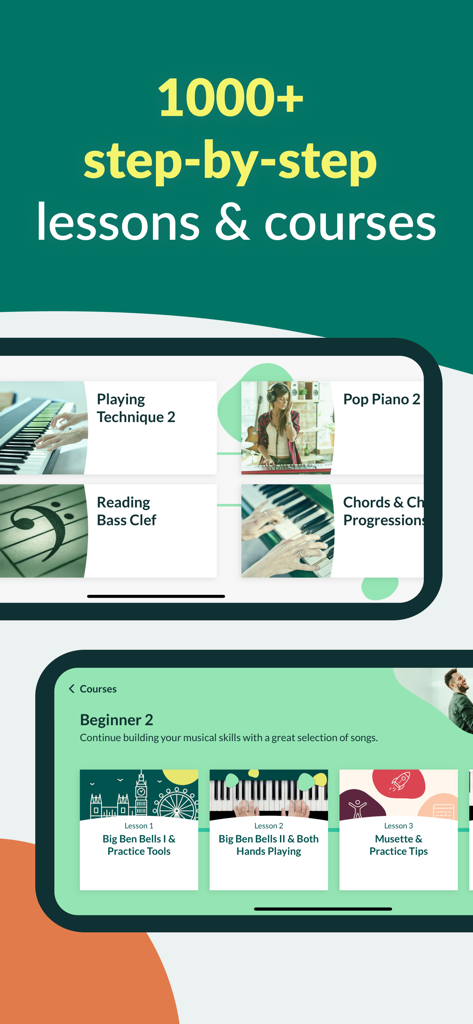 Un catalogo di oltre 1000 lezioni e corsi di pianoforte passo dopo passo all'interno dell'interfaccia dell'app Skoove