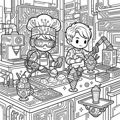 Dive into a delicious, high-tech world with this unique coloring page featuring cyberpunk ice cream chefs. Explore a futuristic parlor filled with intricate details and mouth-watering creations, perfect for an engaging coloring session.