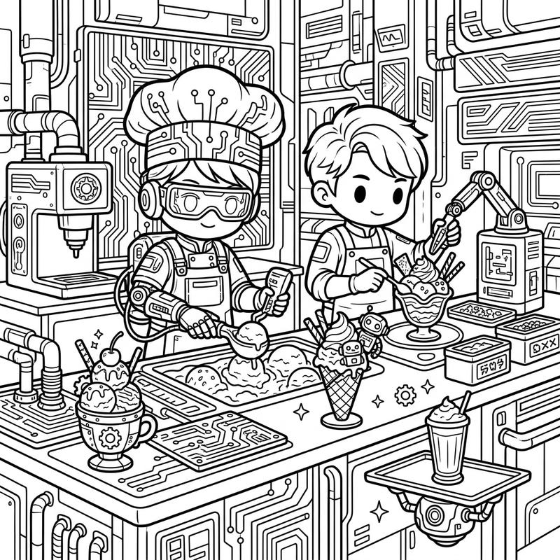 Dive into a delicious, high-tech world with this unique coloring page featuring cyberpunk ice cream chefs. Explore a futuristic parlor filled with intricate details and mouth-watering creations, perfect for an engaging coloring session.