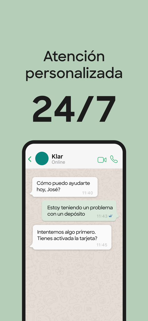 Mobile screen of Klar app showing 24/7 personalized customer service chat