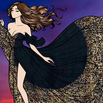 realistic woman in dress flowing the the wind