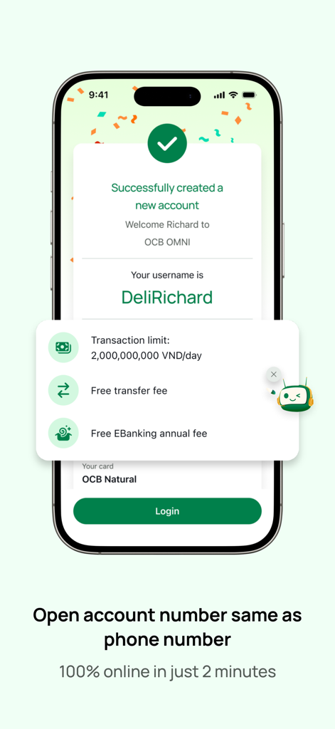 Pantalla de OCB OMNI mostrando la creación exitosa de una cuenta online en dos minutos