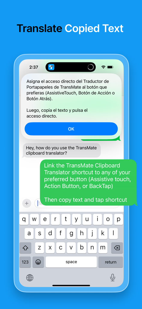 TransMate - Screen Translator - TransMate 클립보드 번역 기능과 채팅 앱의 지침을 보여주는 스마트폰 화면