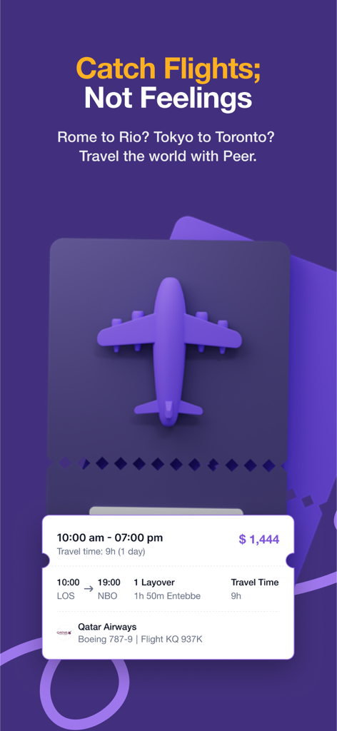 Peer - the everything app. - Peerの紫色のテーマのモバイルアプリ画面。LOSからNBOへの1444ドルのフライト予約が表示されています。