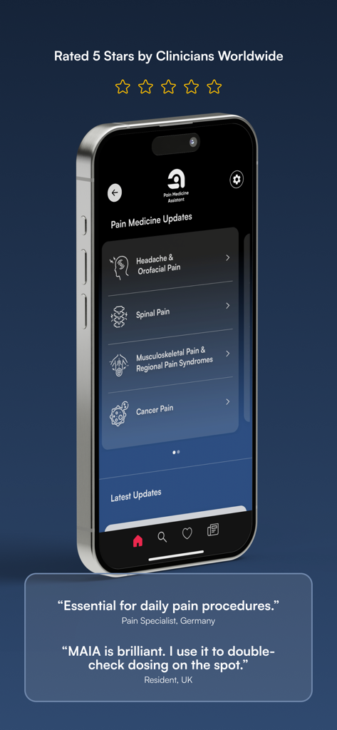 NYSORA Pain Medicine Assistant app interface showing medical categories and clinician reviews.