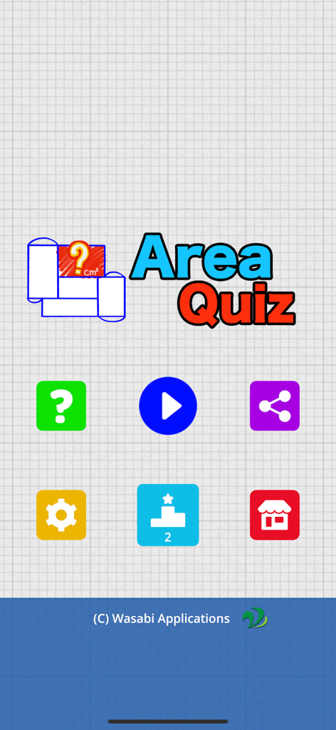 Hauptmenü der Flächen-Quiz-Geometrie-Rätsel-App mit farbenfrohen Navigationstasten auf Karopapier-Hintergrund
